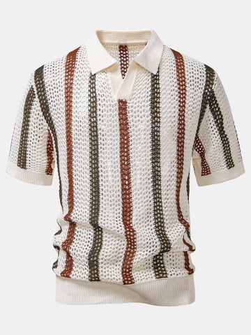 Striped Crochet V-Neck Polo