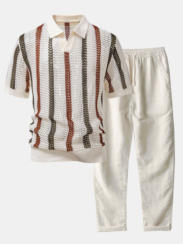 Crochet Polo & Straight-Leg Linen Trousers