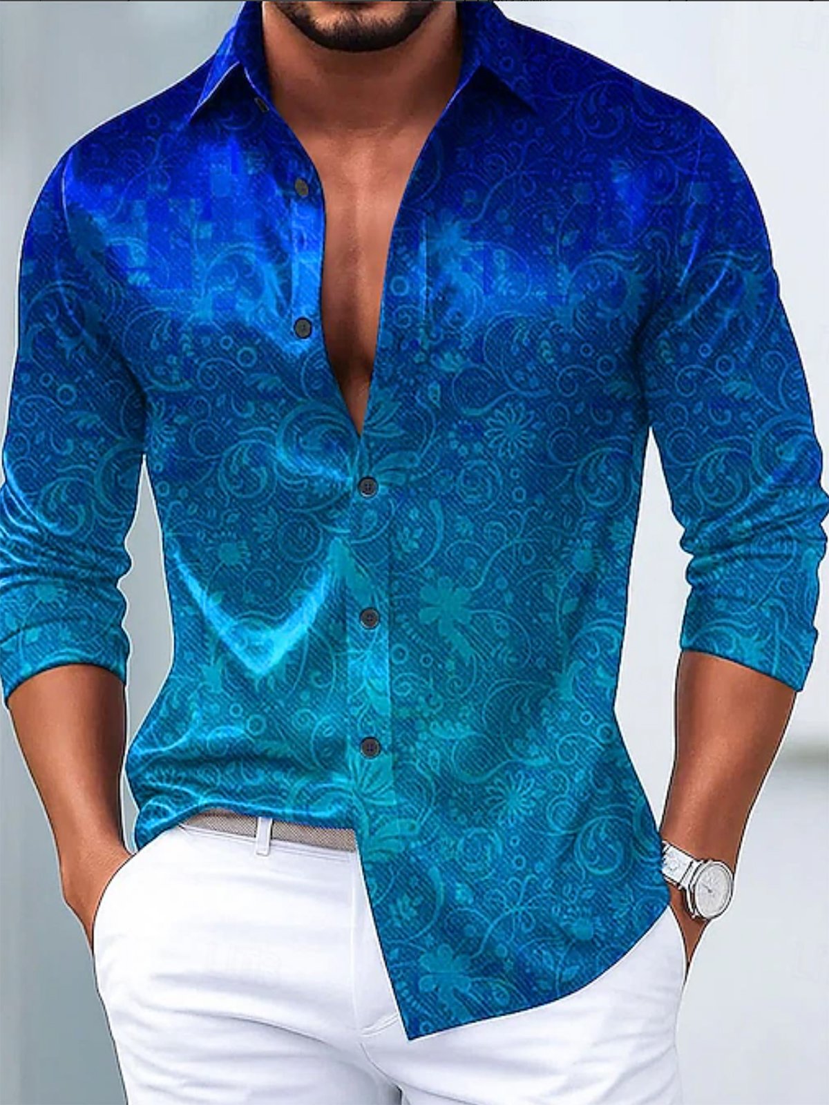 Vintage Floral Ombre Print Glossy Elastic Button Men's Long Sleeve Shirt Big & Tall