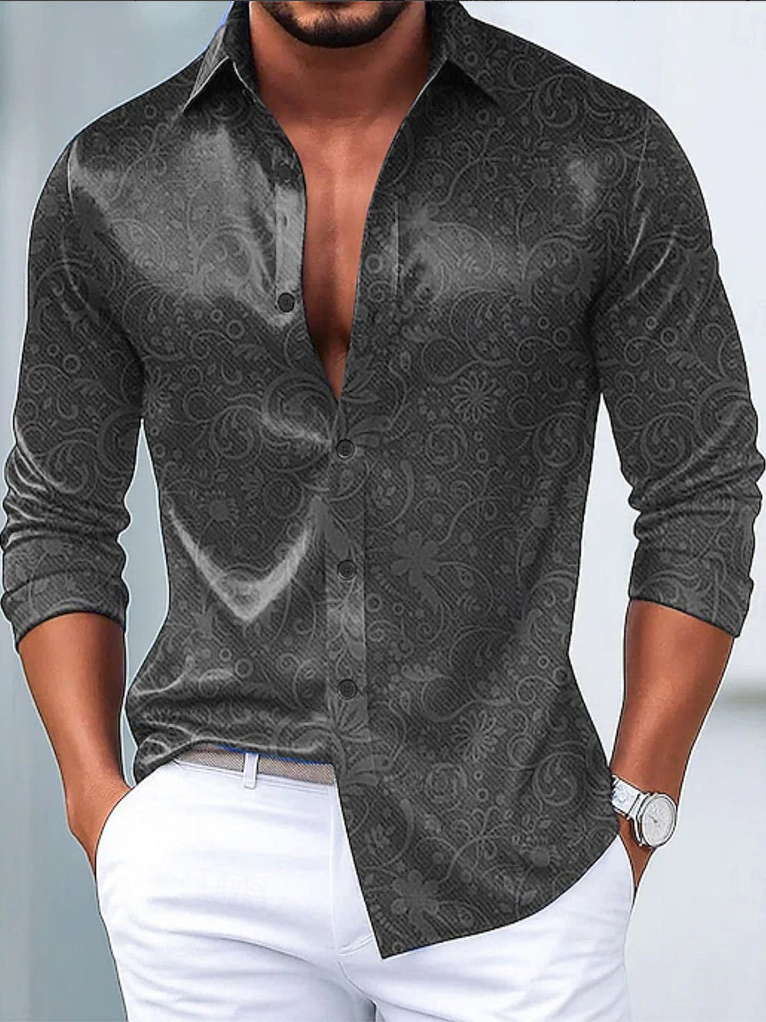 Vintage Floral Ombre Print Glossy Elastic Button Men's Long Sleeve Shirt Big & Tall