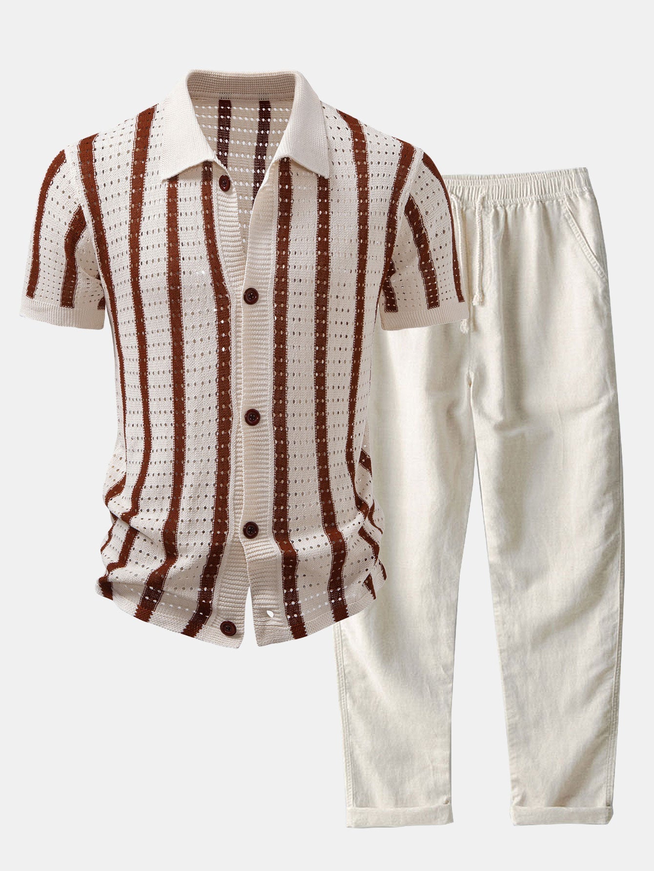 Striped Eyelet-Knit Shirt & Straight-Leg Linen Trousers