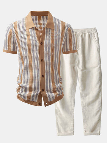 Striped Crochet-Eyelet Shirt & Straight-Leg Linen Trousers