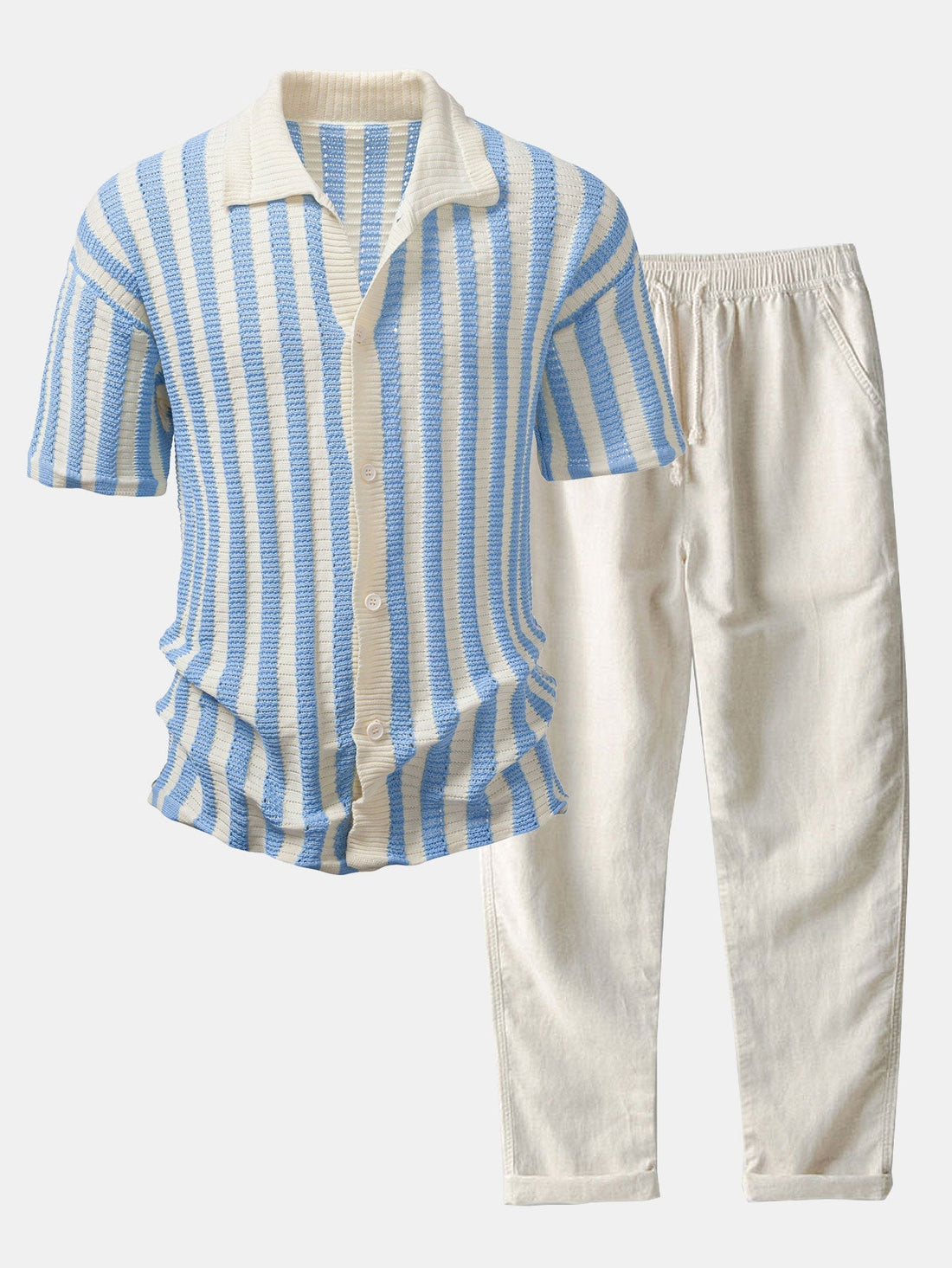 Dropped-Shoulder Shirt with Crochet Stripes & Straight-Leg Linen Trousers