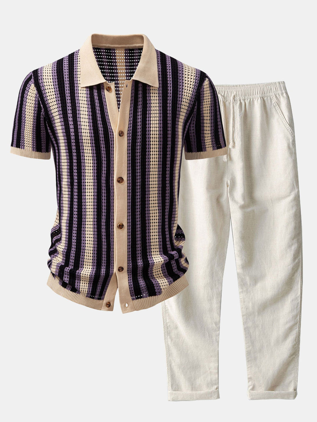 Striped Crochet-Eyelet Shirt & Straight-Leg Linen Trousers