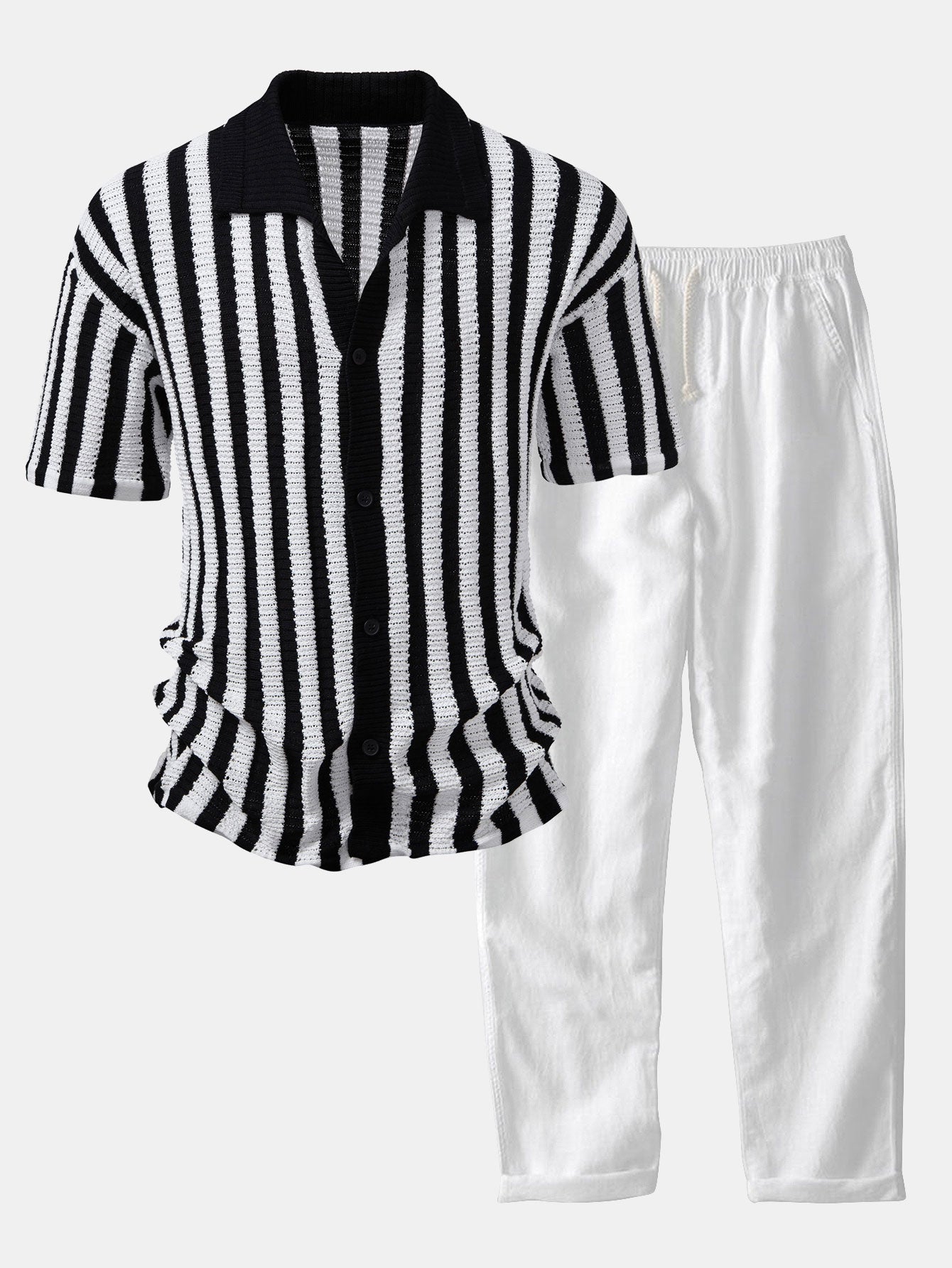 Dropped-Shoulder Shirt with Crochet Stripes & Straight-Leg Linen Trousers