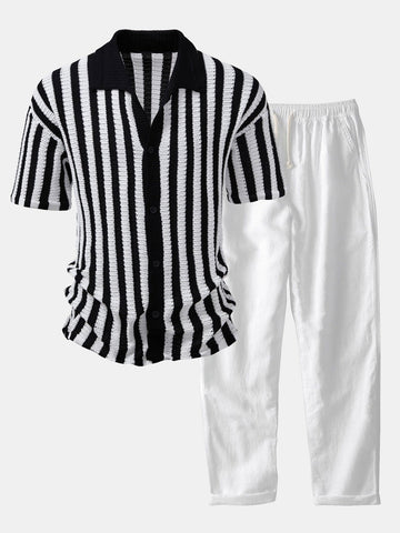Dropped-Shoulder Shirt with Crochet Stripes & Straight-Leg Linen Trousers