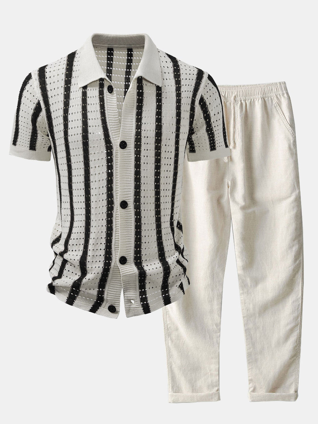 Striped Eyelet-Knit Shirt & Straight-Leg Linen Trousers