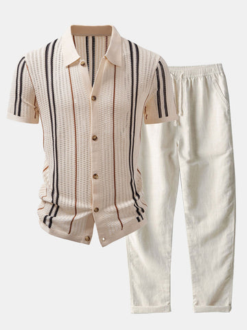 Crochet Striped Button-Front Shirt & Straight-Leg Linen Trousers
