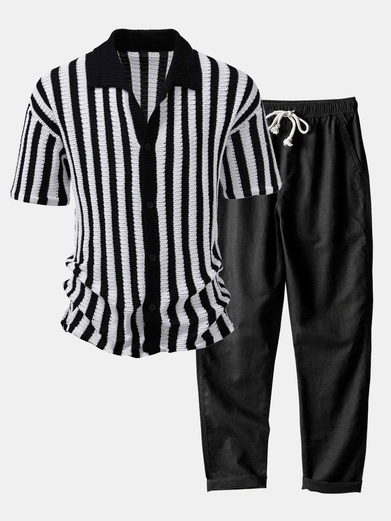 Dropped-Shoulder Shirt with Crochet Stripes & Straight-Leg Linen Trousers