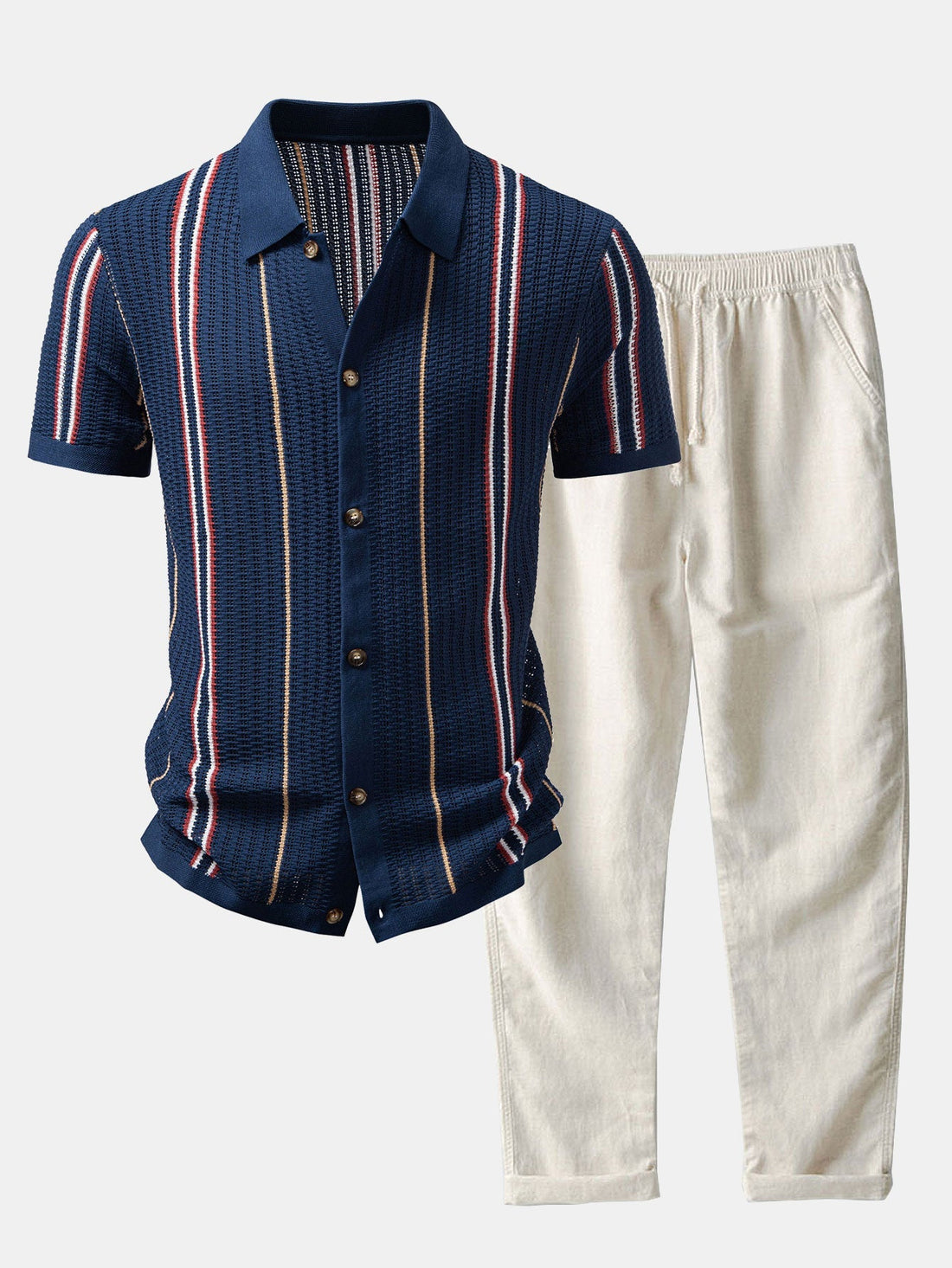 Crochet Striped Button-Front Shirt & Straight-Leg Linen Trousers
