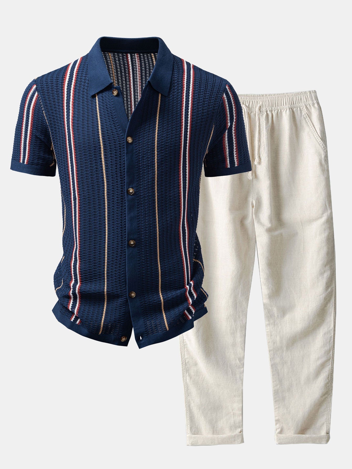 Crochet Striped Button-Front Shirt & Straight-Leg Linen Trousers