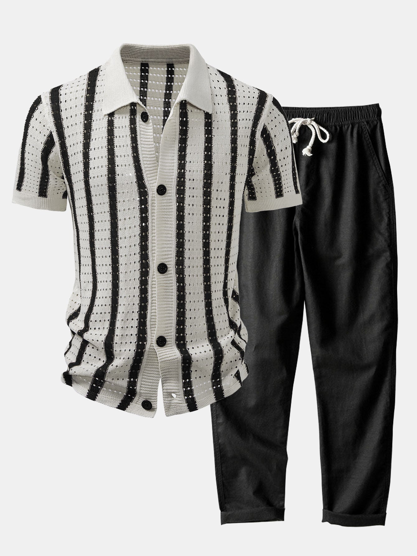 Striped Eyelet-Knit Shirt & Straight-Leg Linen Trousers