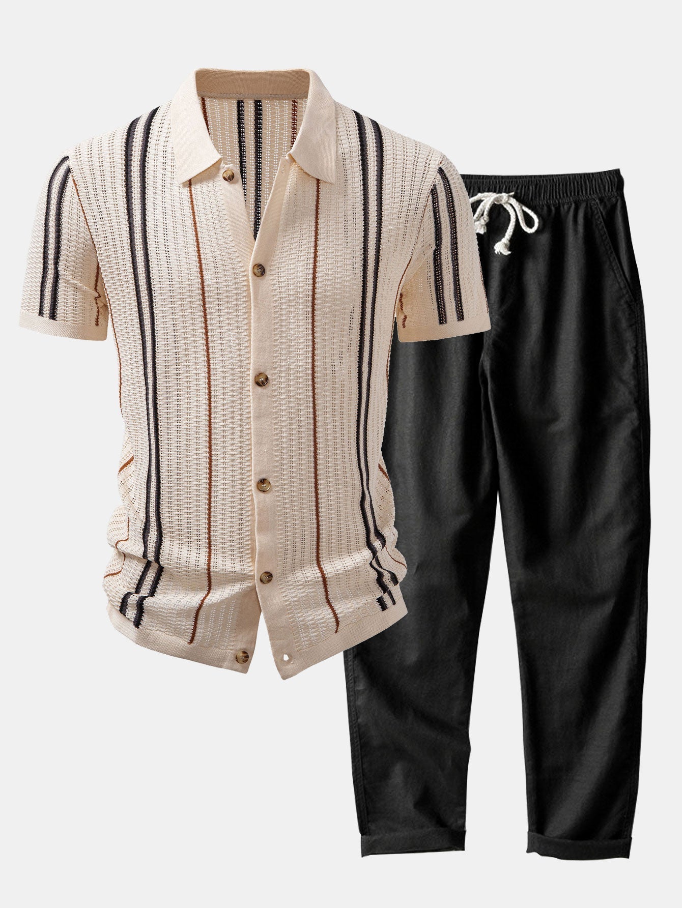 Crochet Striped Button-Front Shirt & Straight-Leg Linen Trousers