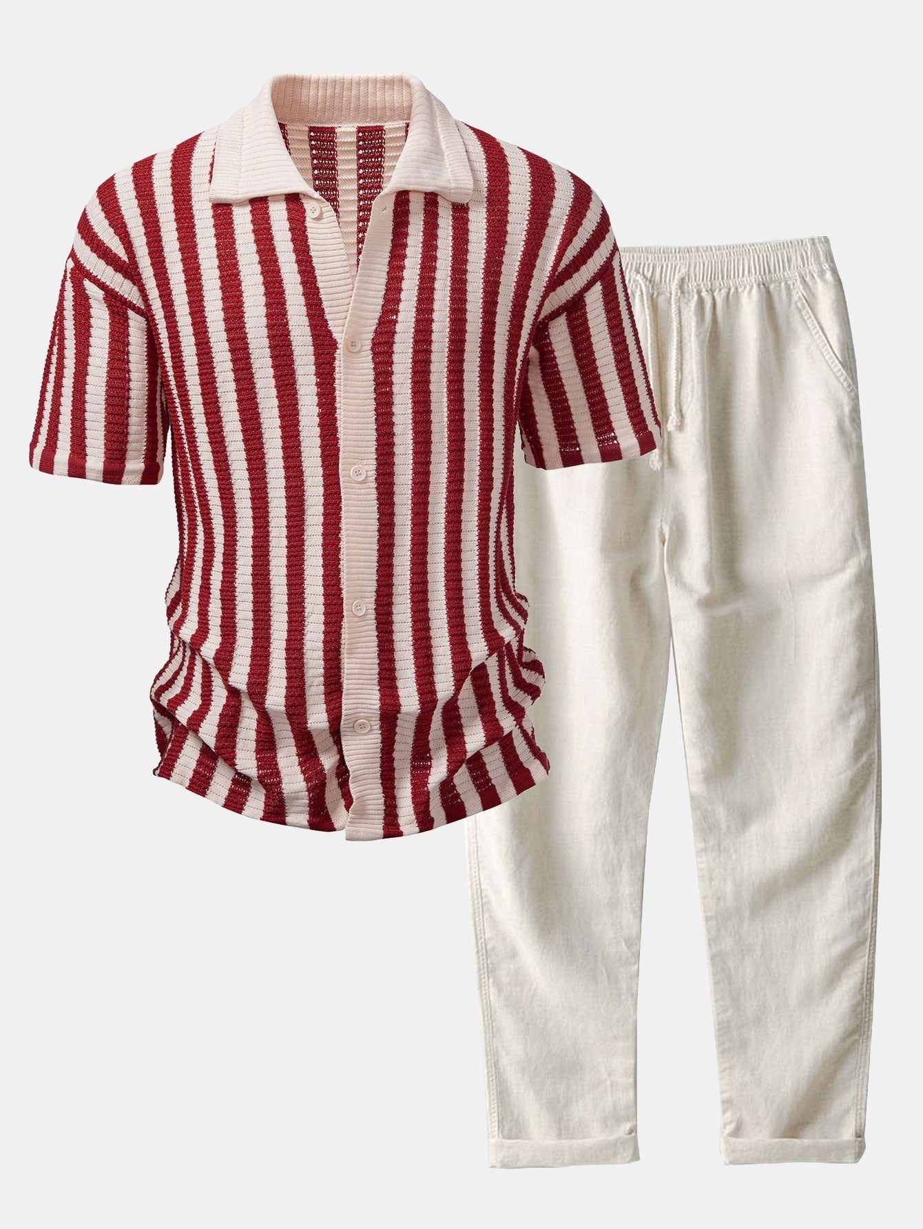 Dropped-Shoulder Shirt with Crochet Stripes & Straight-Leg Linen Trousers