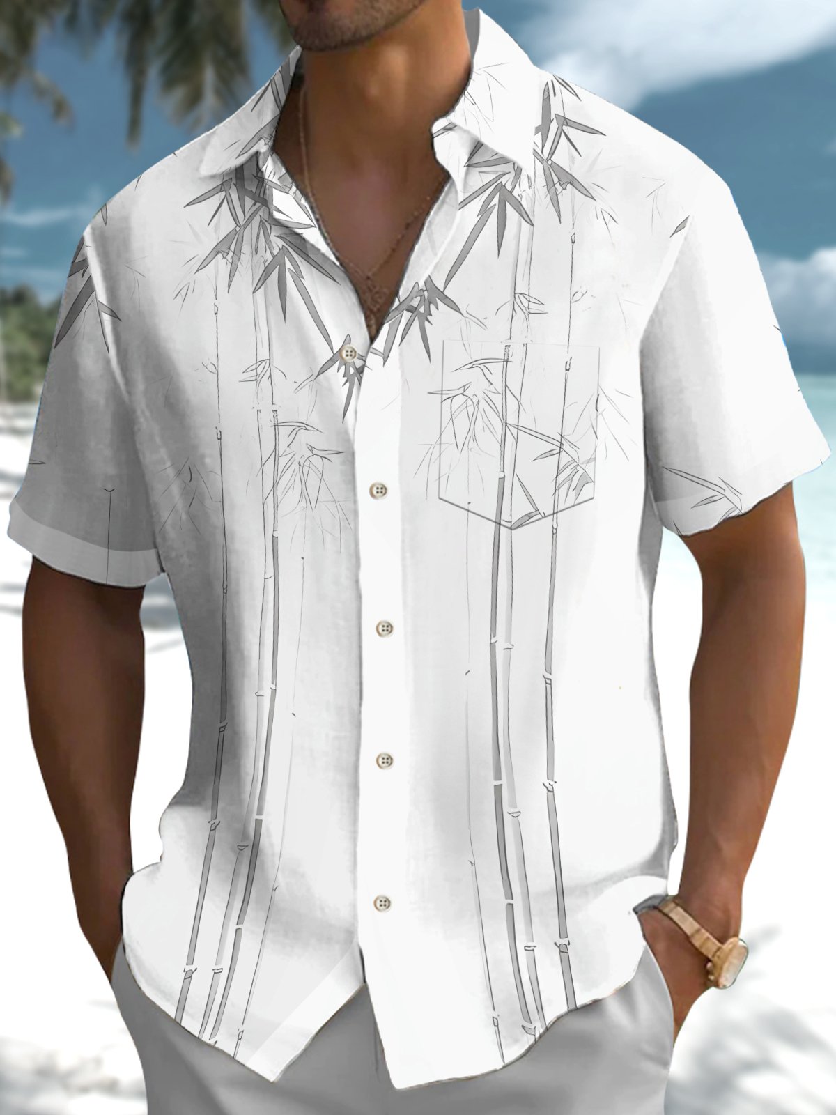 Casual Bamboo Watercolor Print Art Stretch Pocket Men's Short Sleeve Shirt Big & Tall