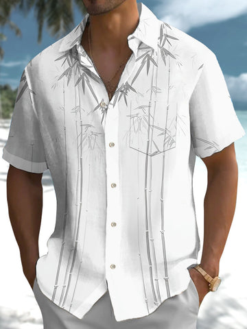 Casual Bamboo Watercolor Print Art Stretch Pocket Men's Short Sleeve Shirt Big & Tall