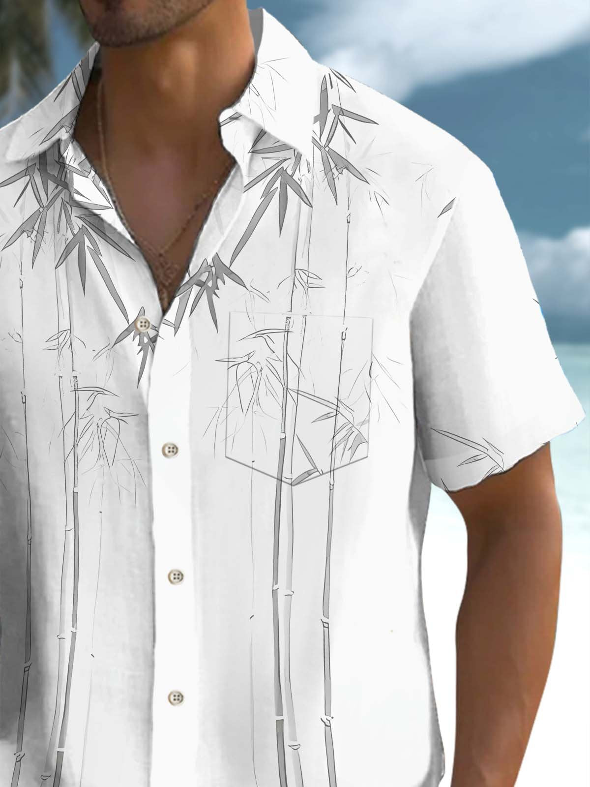 Casual Bamboo Watercolor Print Art Stretch Pocket Men's Short Sleeve Shirt Big & Tall