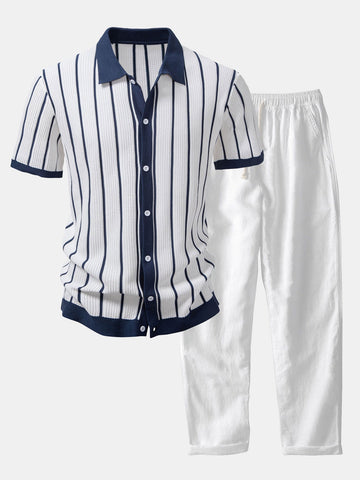 Striped Button-Front Knit Shirt & Straight-Leg Linen Trousers