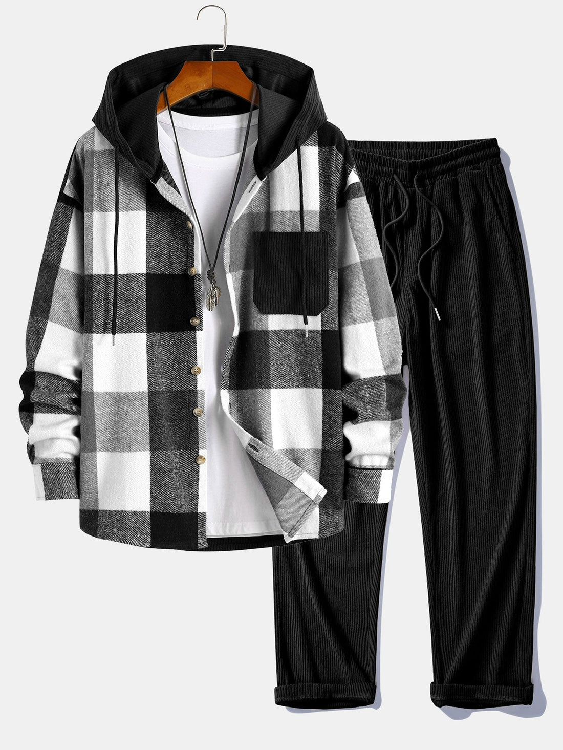 Relaxed-Fit Checked Hoodie & Straight-Leg Corduroy Trousers Set