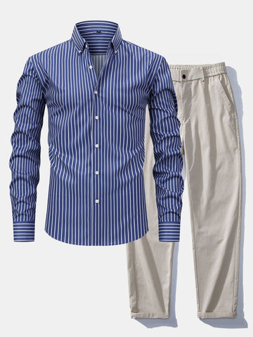 Men's Striped Shirt &Straight-Leg Trousers Set