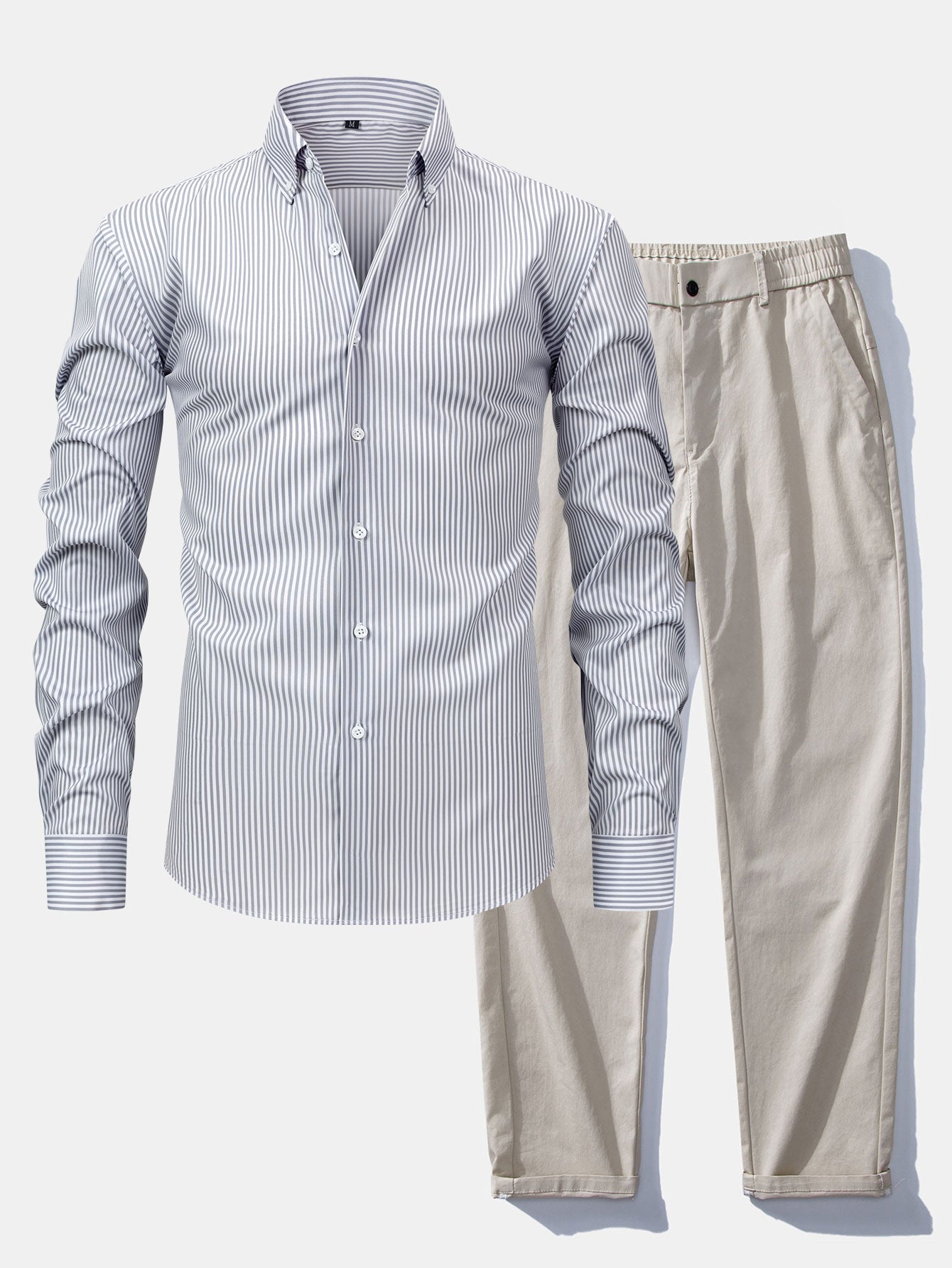 Long-Sleeve Striped Button-Down Shirt & Straight-Leg Elastic-Waist Trousers
