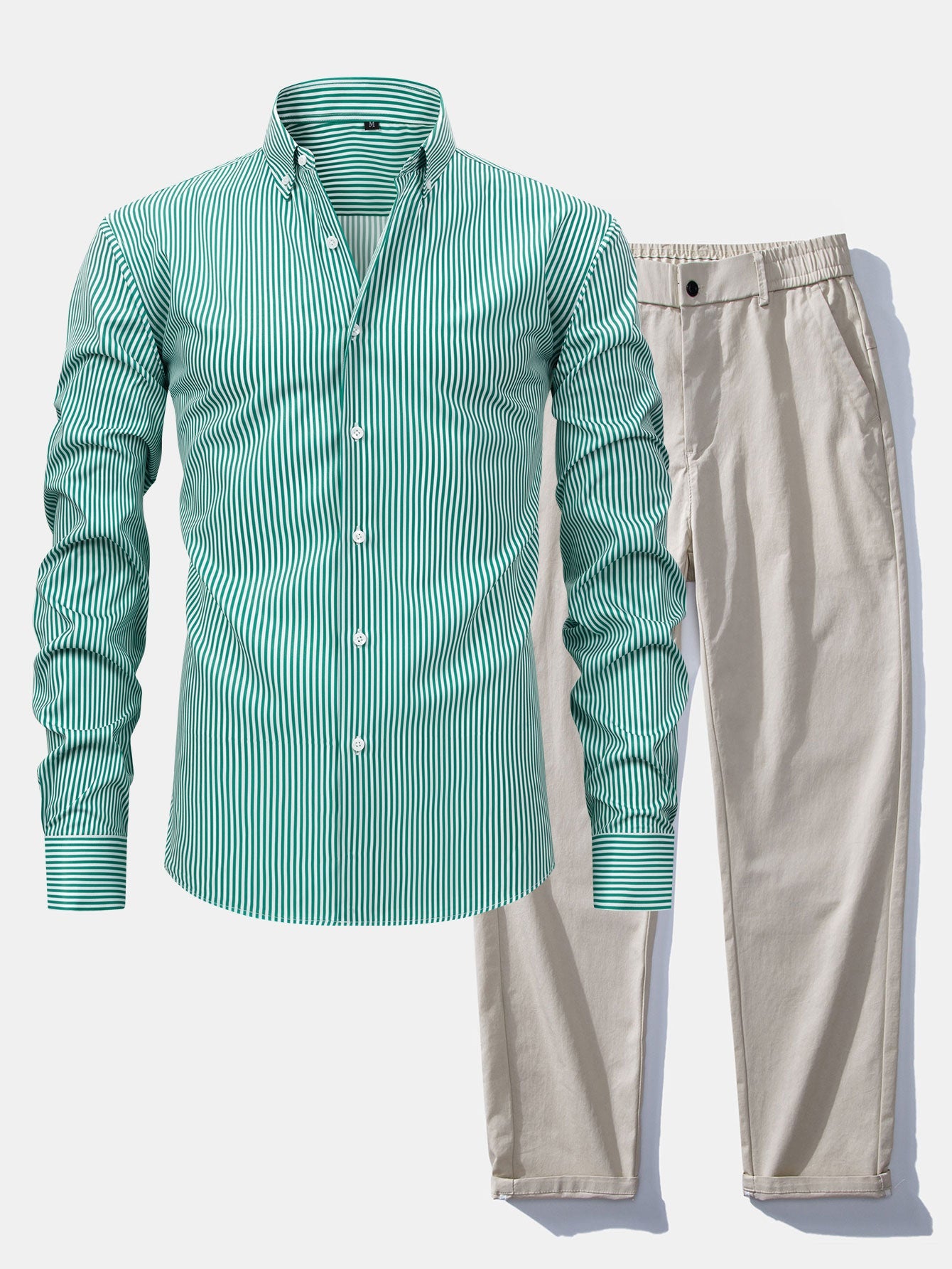 Long-Sleeve Striped Button-Down Shirt & Straight-Leg Elastic-Waist Trousers