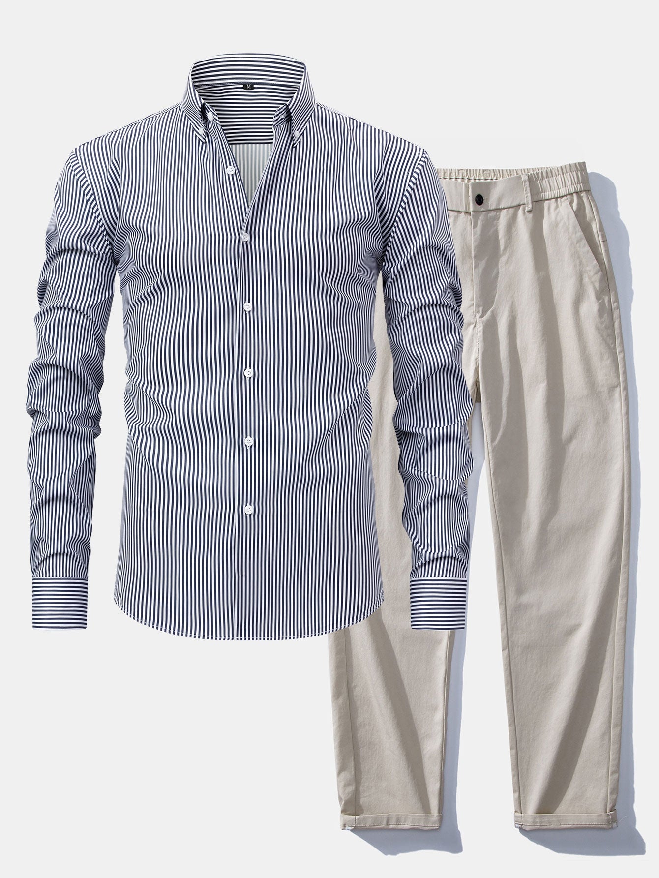 Long-Sleeve Striped Button-Down Shirt & Straight-Leg Elastic-Waist Trousers