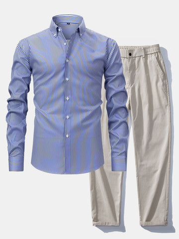 Long-Sleeve Striped Button-Down Shirt & Straight-Leg Elastic-Waist Trousers