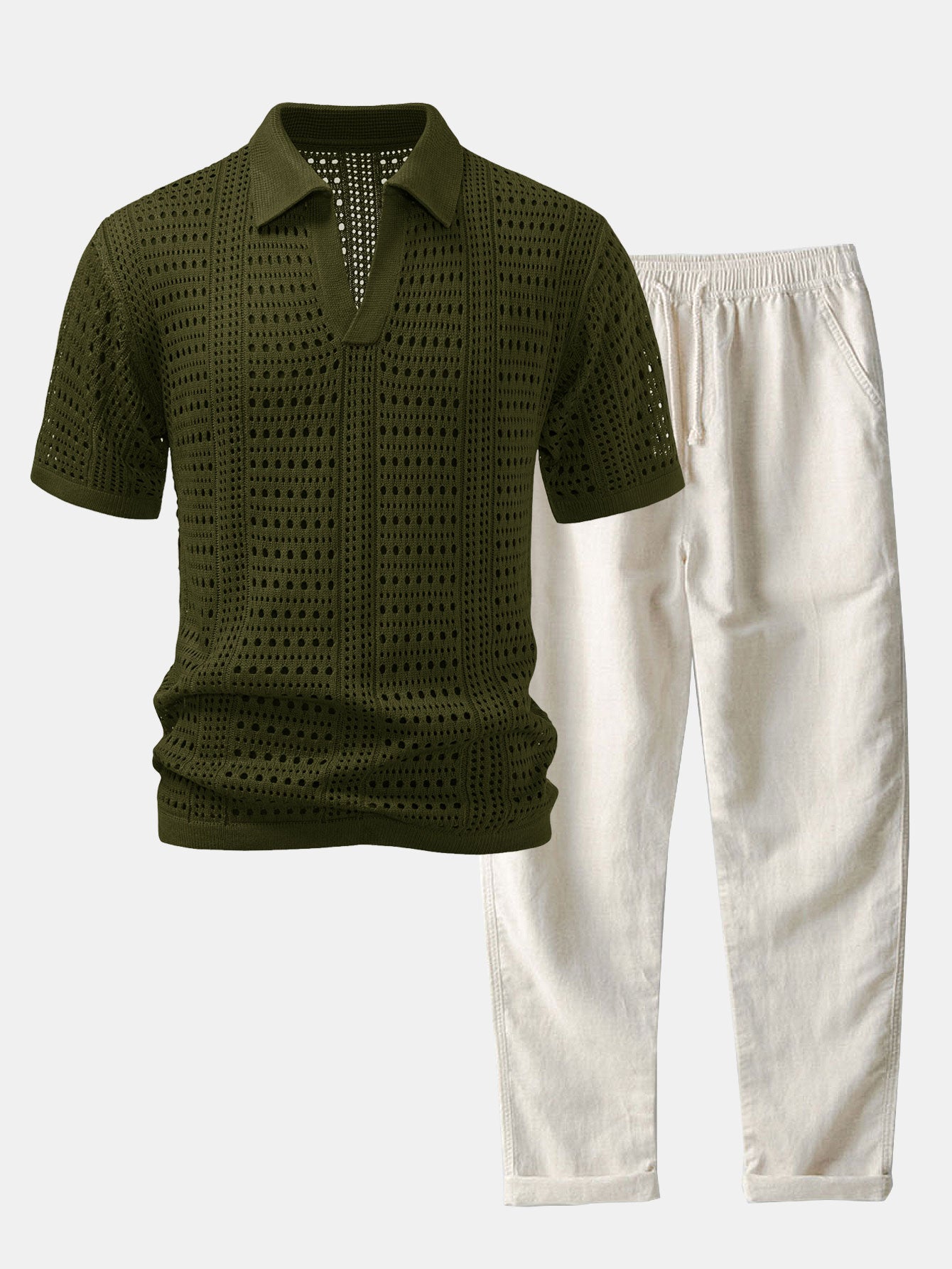 Crochet V-Neck Polo & Straight-Leg Linen Trousers