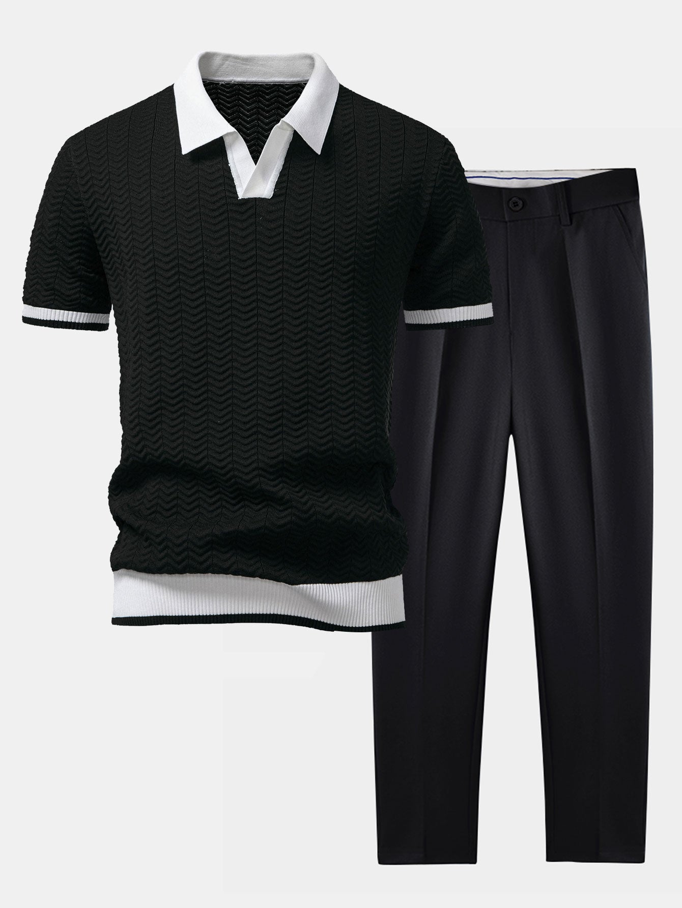 Textured Contrast V-Neck Polo & Slim-Fit Trousers