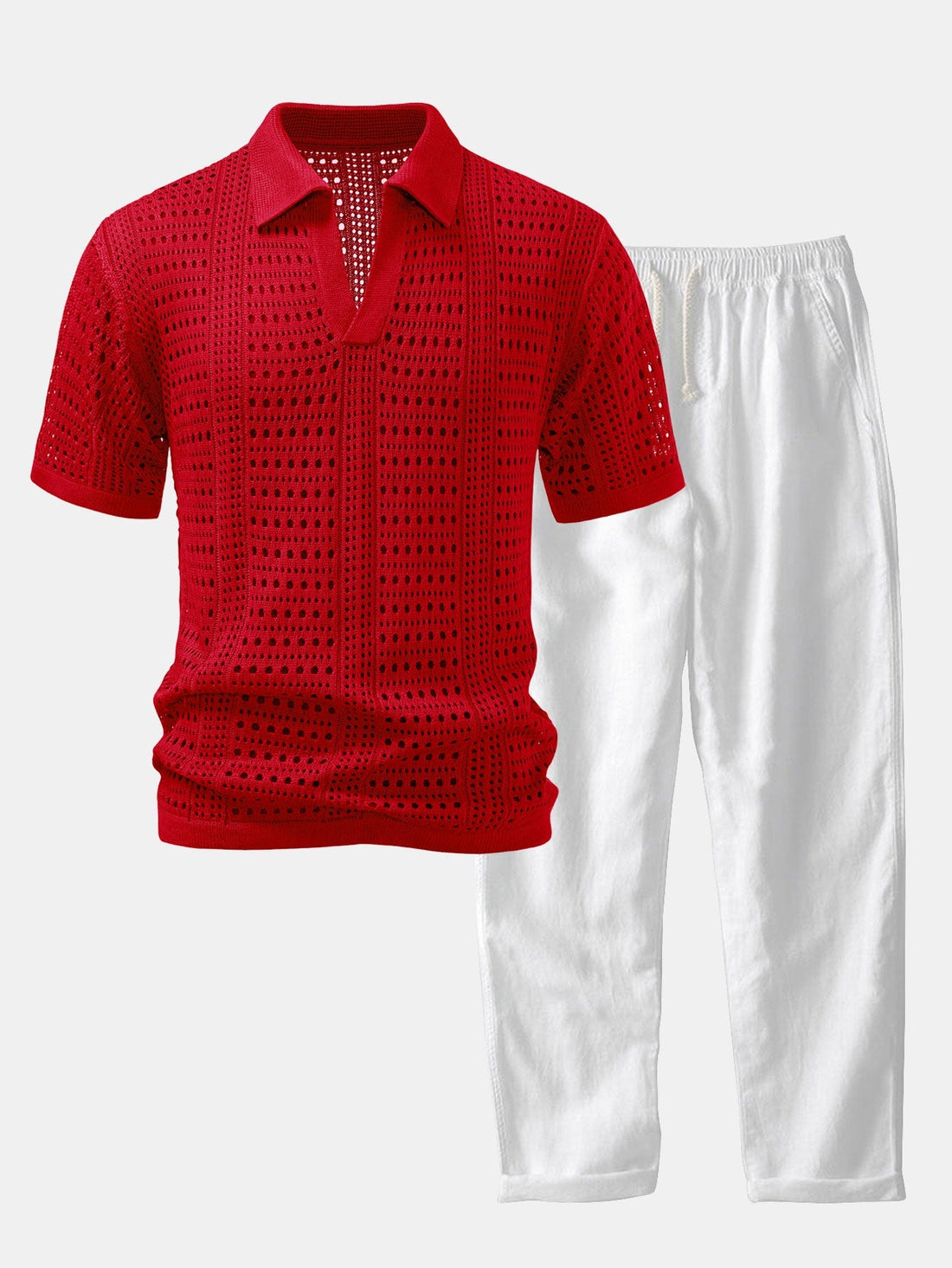 Crochet V-Neck Polo & Straight-Leg Linen Trousers