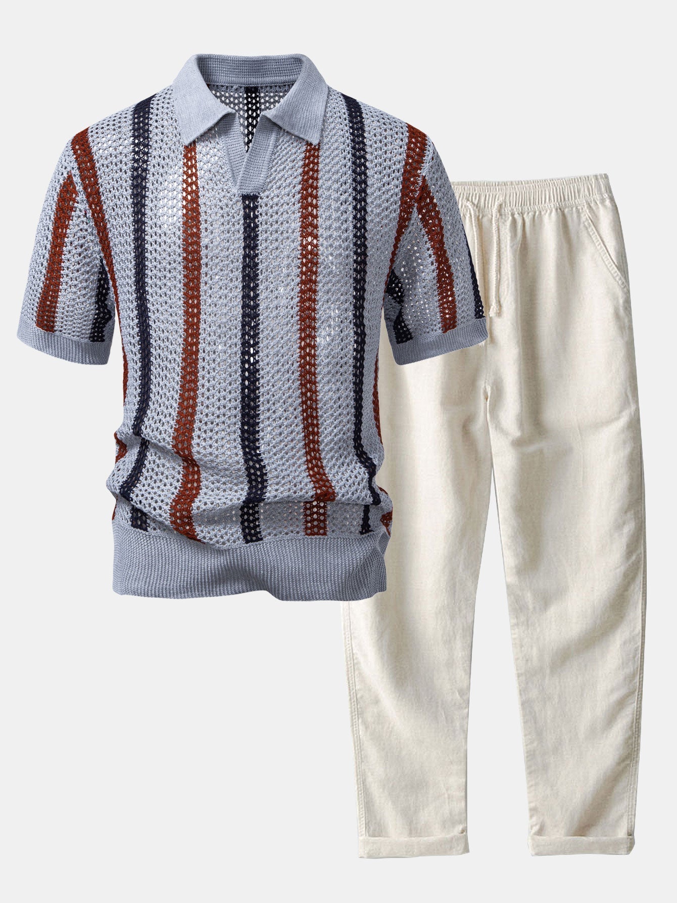 Crochet Polo & Straight-Leg Linen Trousers