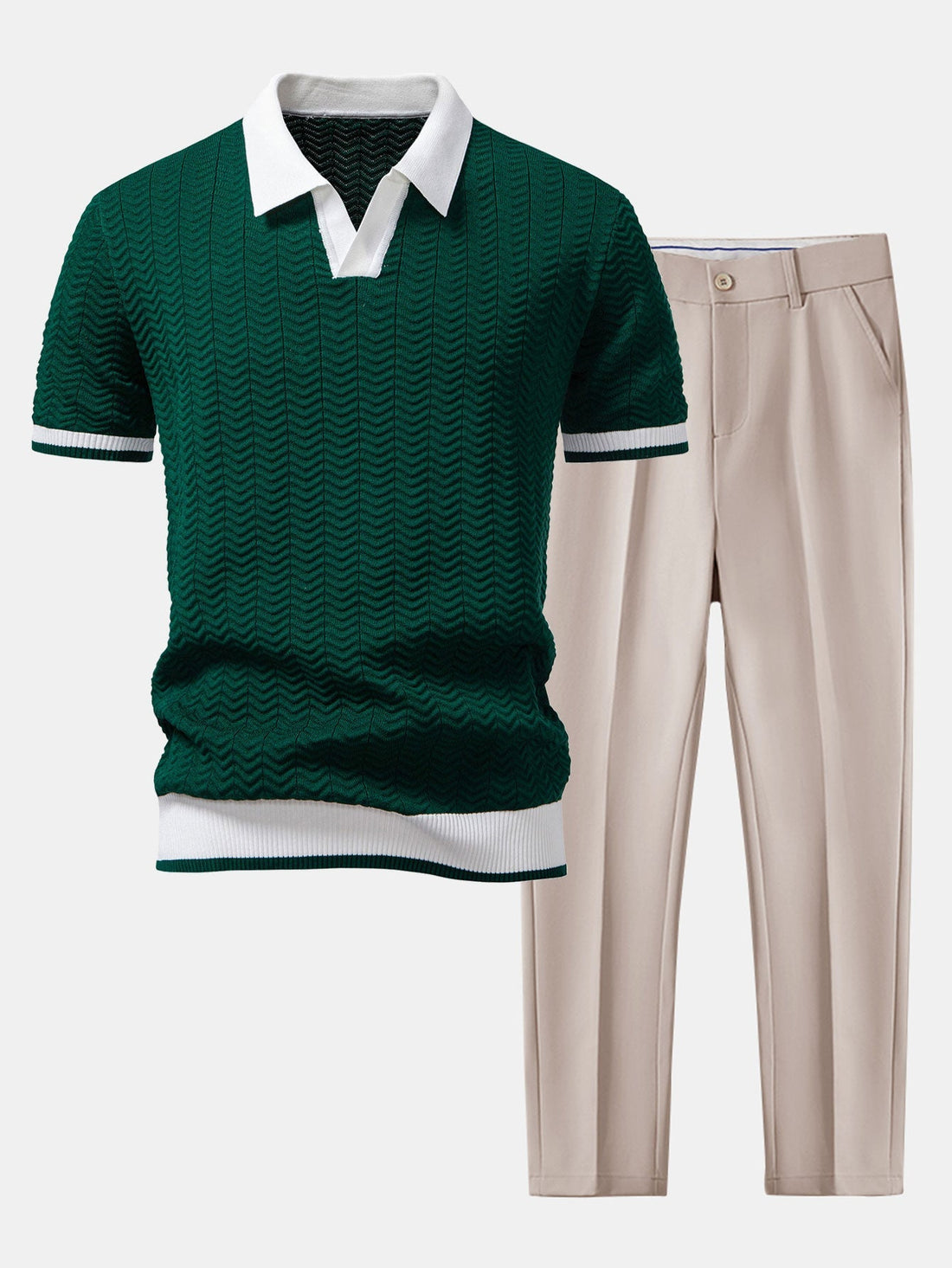 Textured Contrast V-Neck Polo & Slim-Fit Trousers