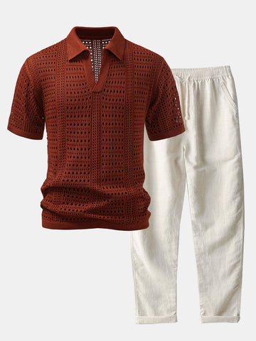 Crochet V-Neck Polo & Straight-Leg Linen Trousers