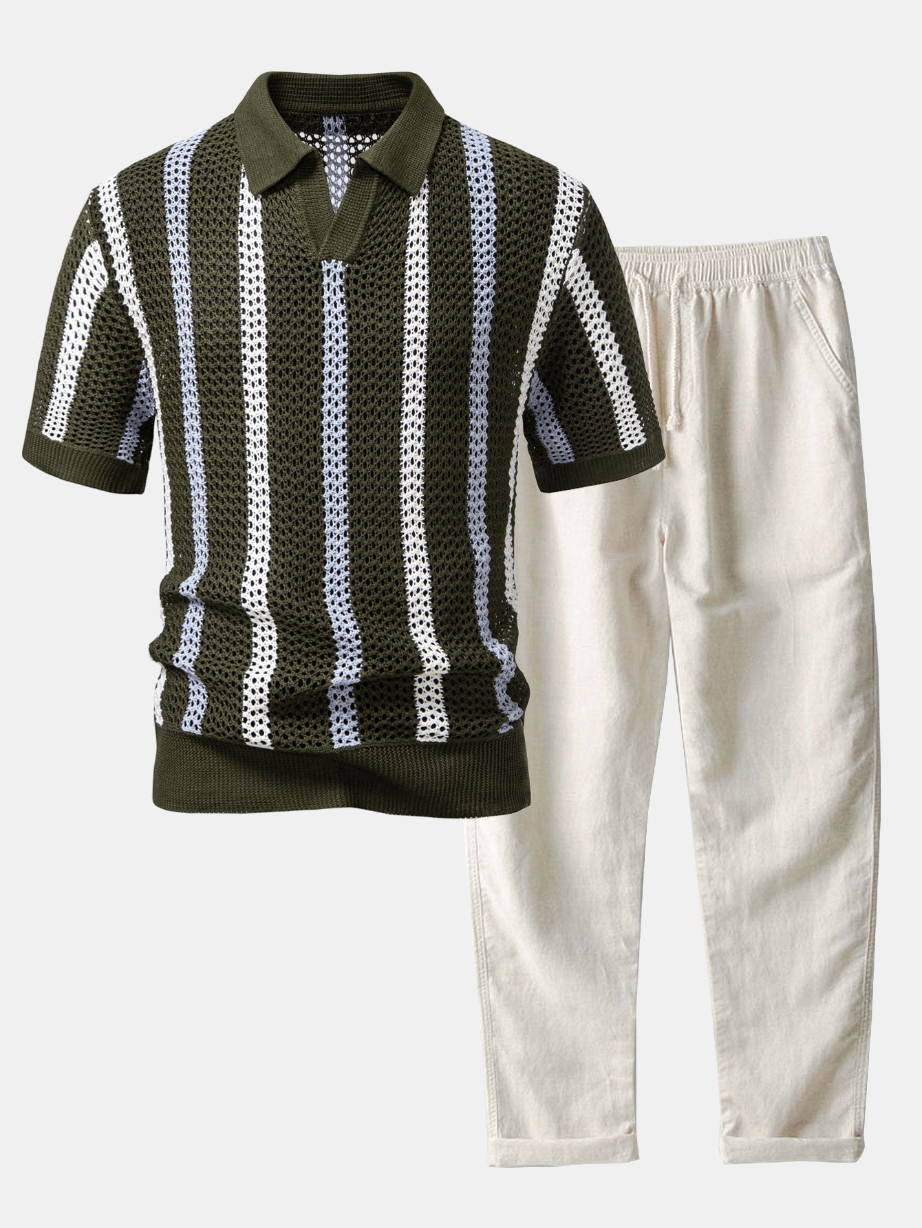 Crochet Polo & Straight-Leg Linen Trousers