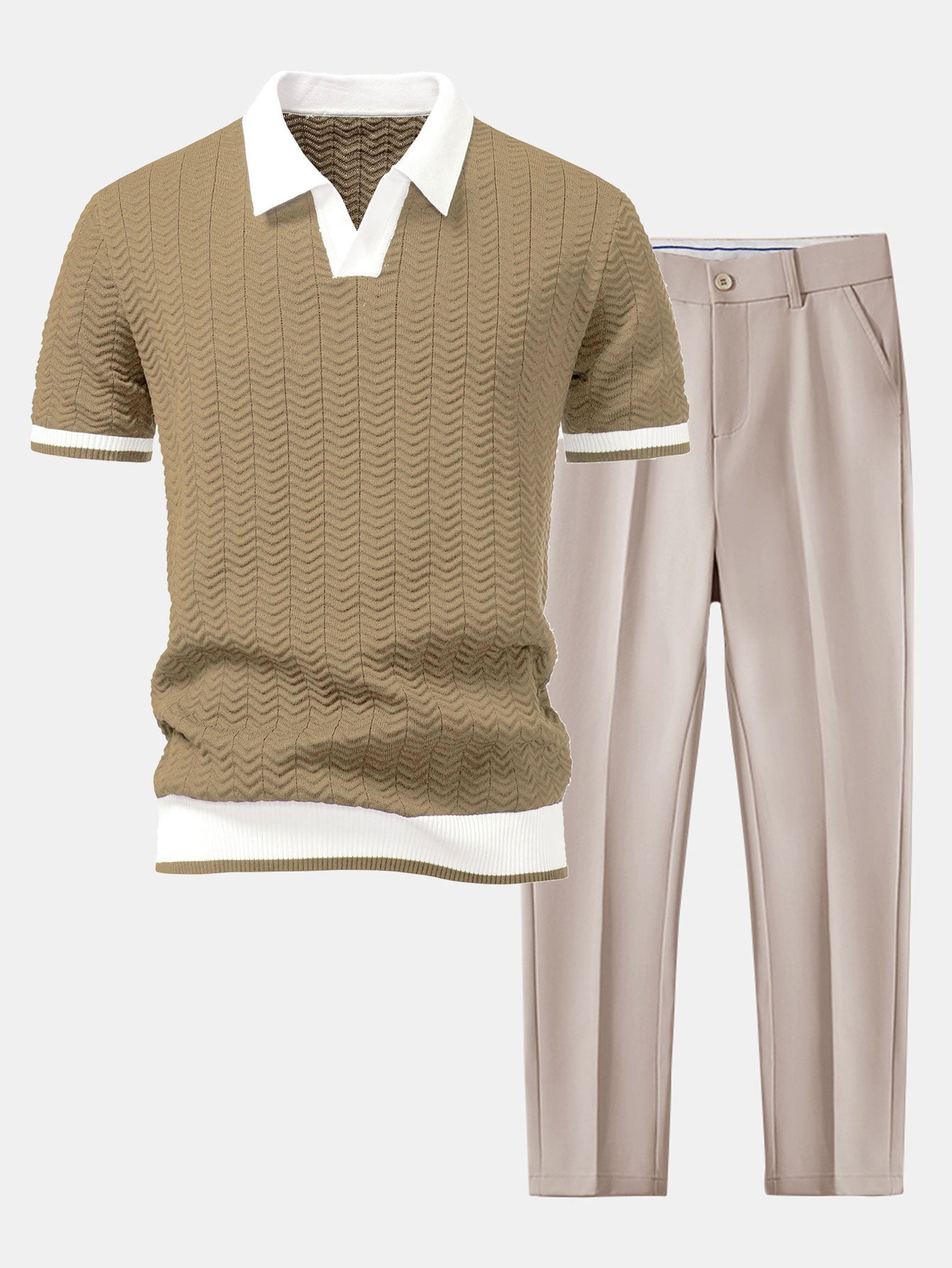 Textured Contrast V-Neck Polo & Slim-Fit Trousers
