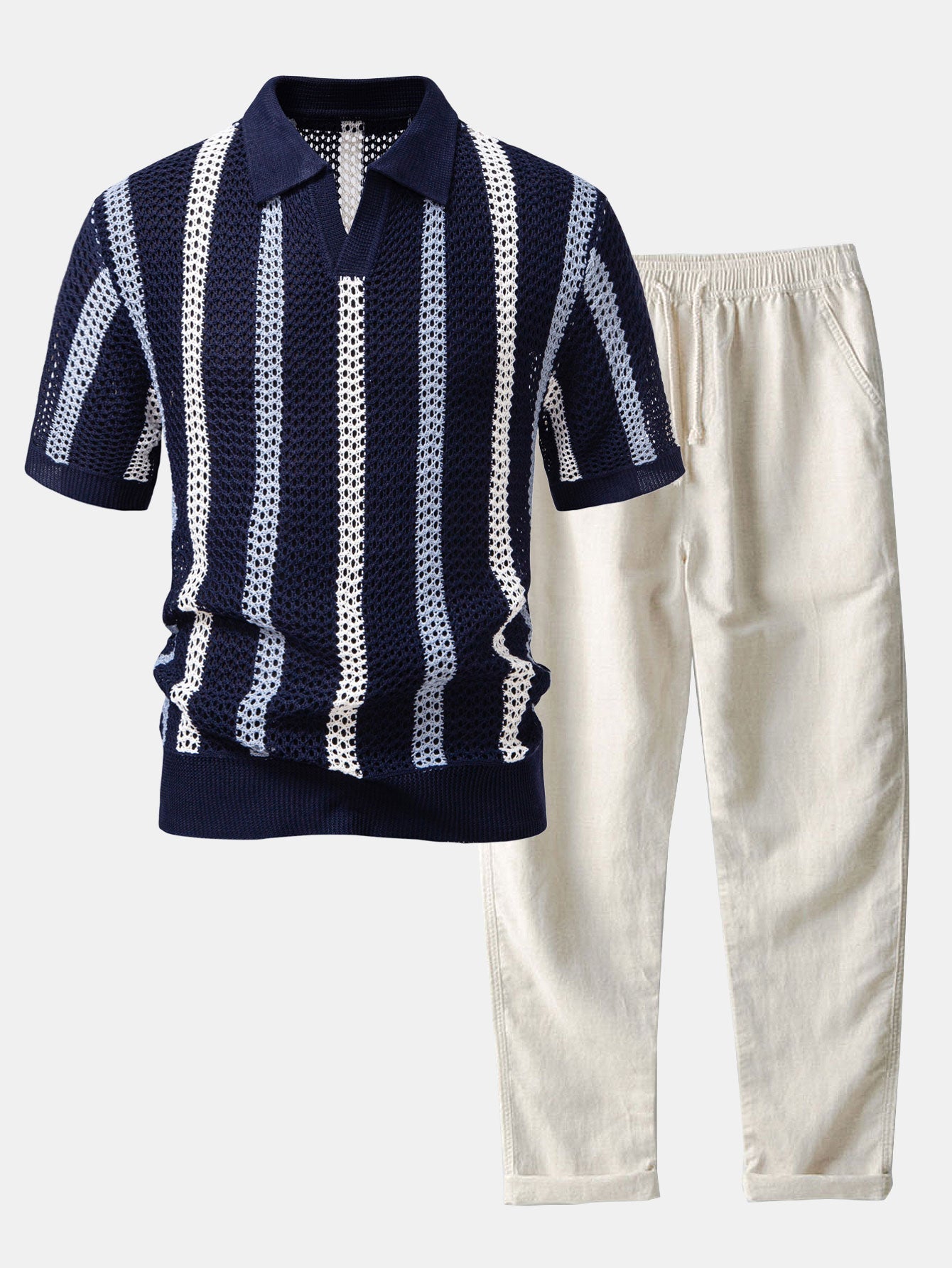 Crochet Polo & Straight-Leg Linen Trousers