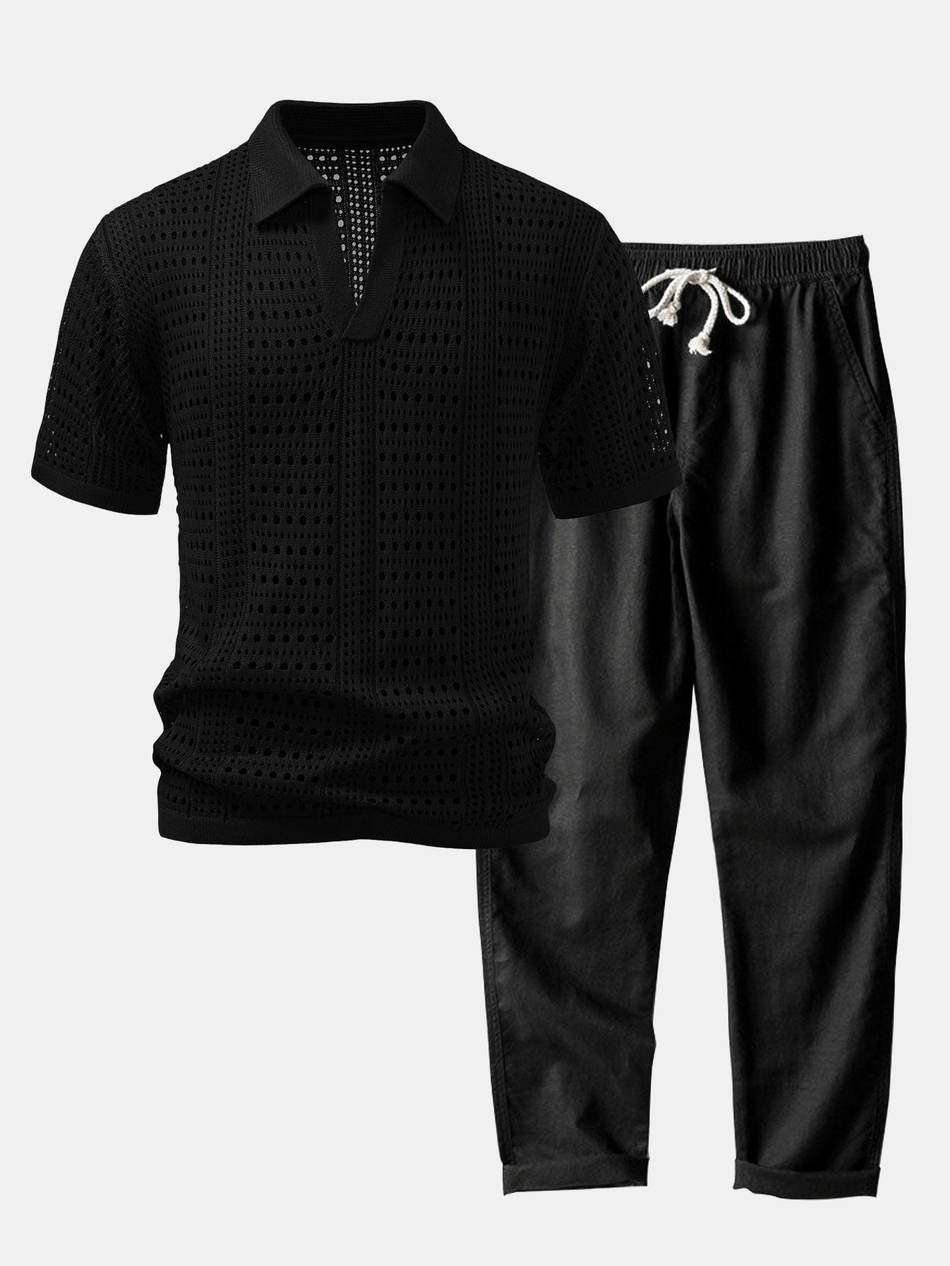 Crochet V-Neck Polo & Straight-Leg Linen Trousers