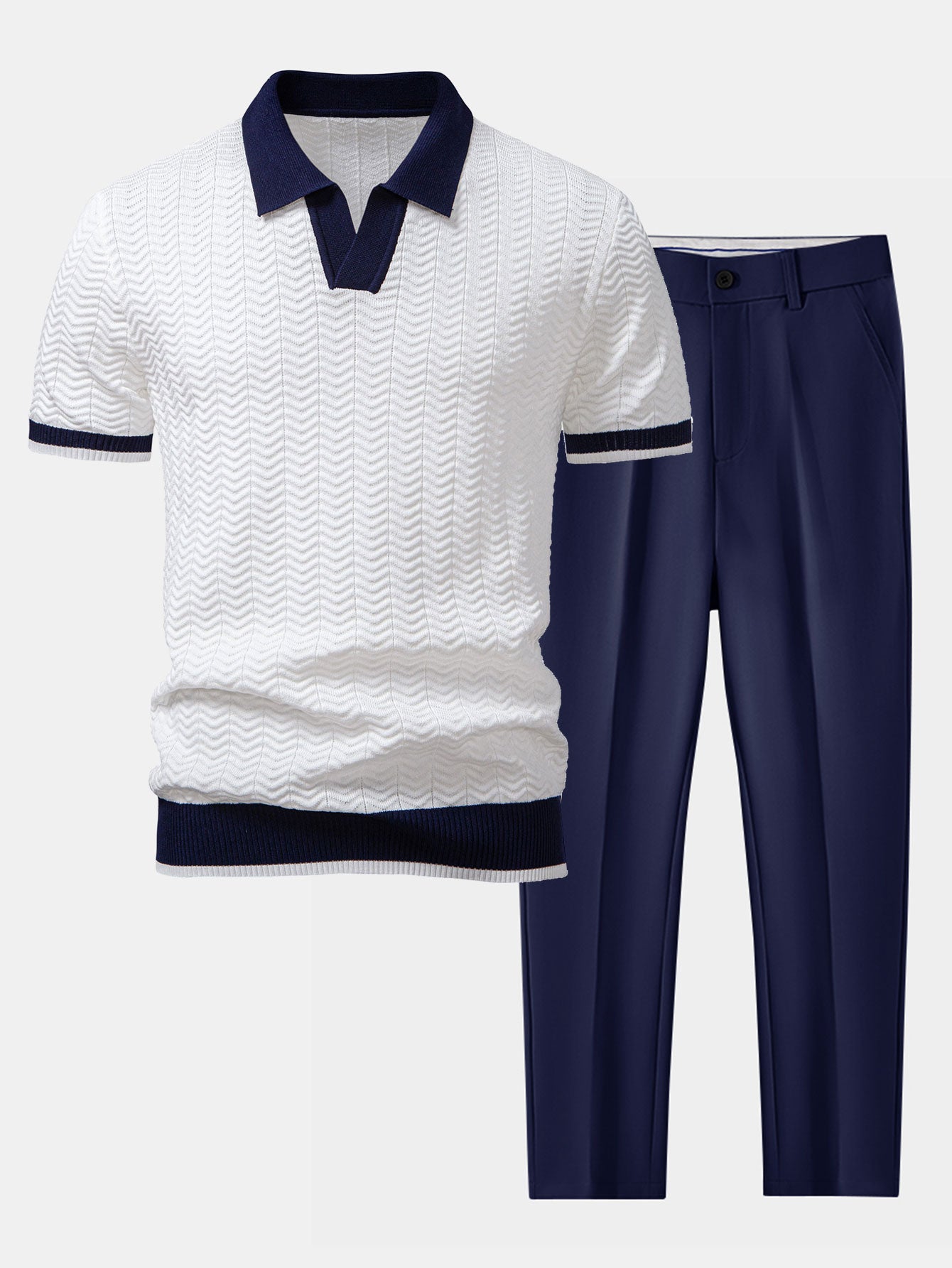 Textured Contrast V-Neck Polo & Slim-Fit Trousers