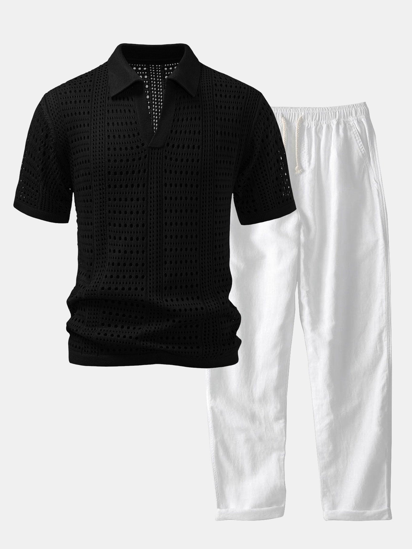 Crochet V-Neck Polo & Straight-Leg Linen Trousers